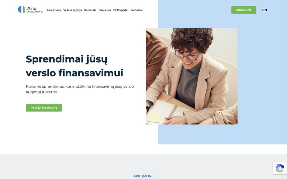 AriaInvestments.lt home page