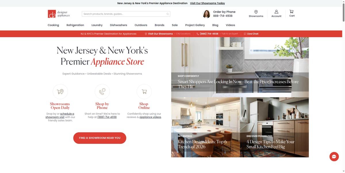 DesignerAppliances.com home page on the custom Magento 2 theme